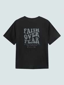 Modcrash Plus Size Men Slogan "Conquer Fear" Print Street Style Round Neck Short Sleeve T-Shirt - Black - View 4