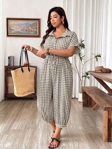 Weeklong Plus Size Casual Loose Plaid Jumpsuit For Vacation - Multicolor - View 3