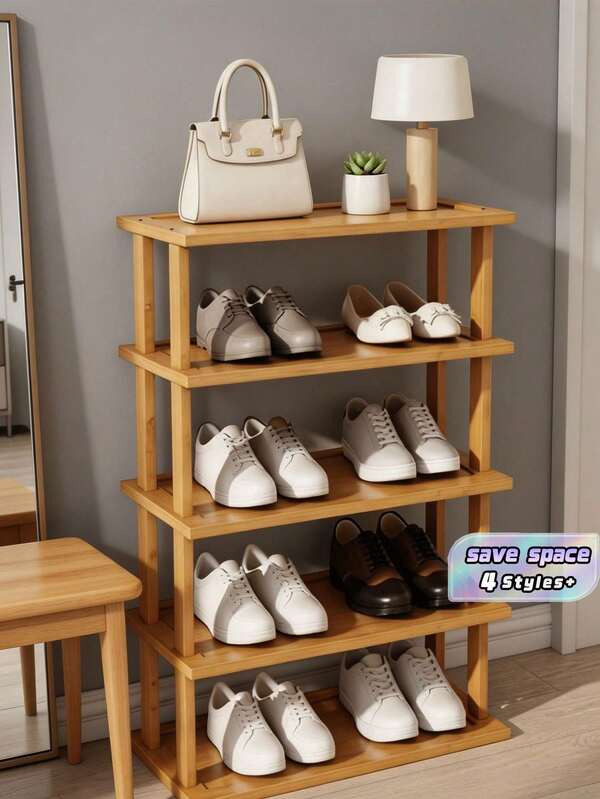 1Pc Multi Tier Bamboo Space Saving Easy Assembly Natural Wood Grain Shoe Storage Rack For Entryway Hallway Kitchen Living Room Office Organizer For Sneakers High Heels Thick Sole Boots Home Decor