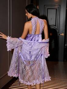 SilkySpell Soft Purple Lace Robe Set, V-Neck Open Front Tie Closure, Halter Backless Satin Mini Dress, Sexy Women's Sleepwear 2-Piece Set - Purple - View 2