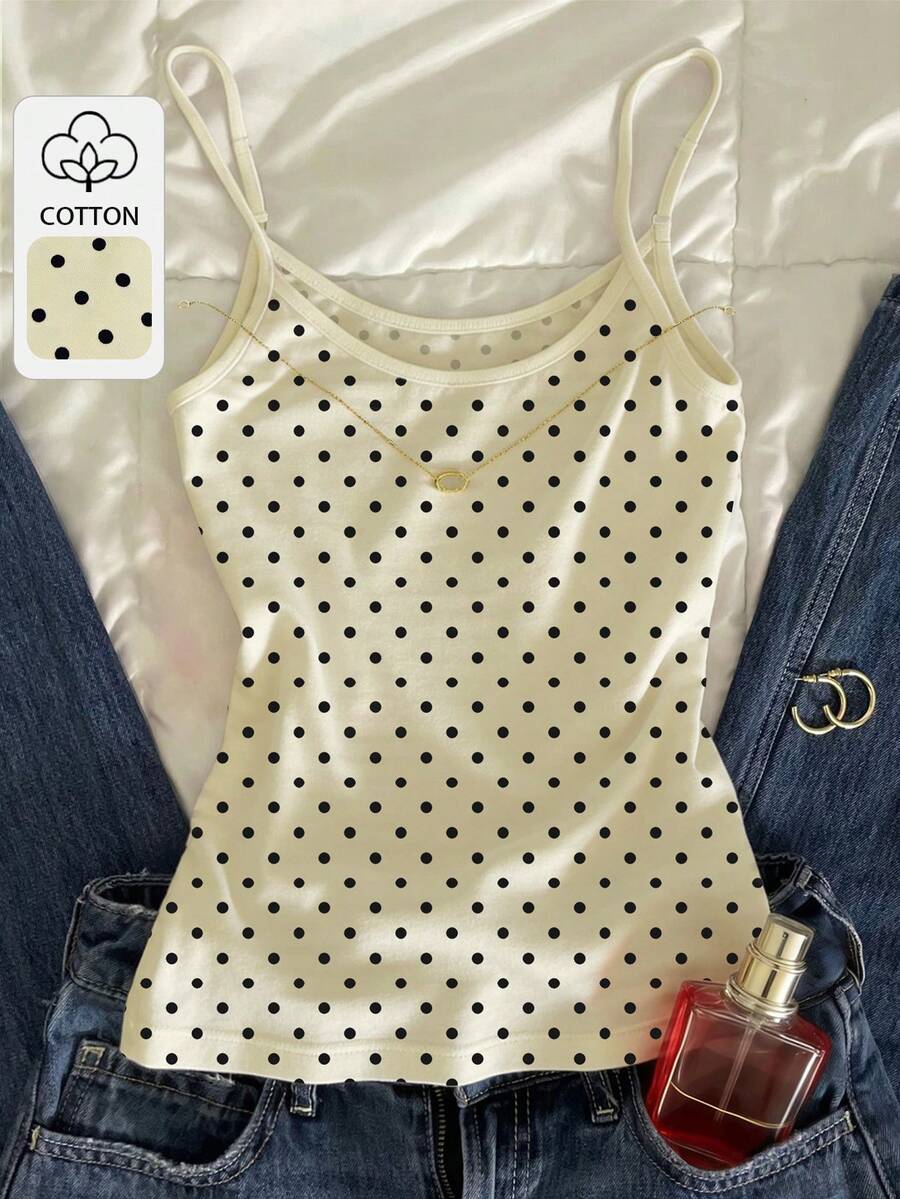 IslaSuriya 女款波點休閒百搭日常穿著細肩帶背心上衣 - 杏色 - 查看 1