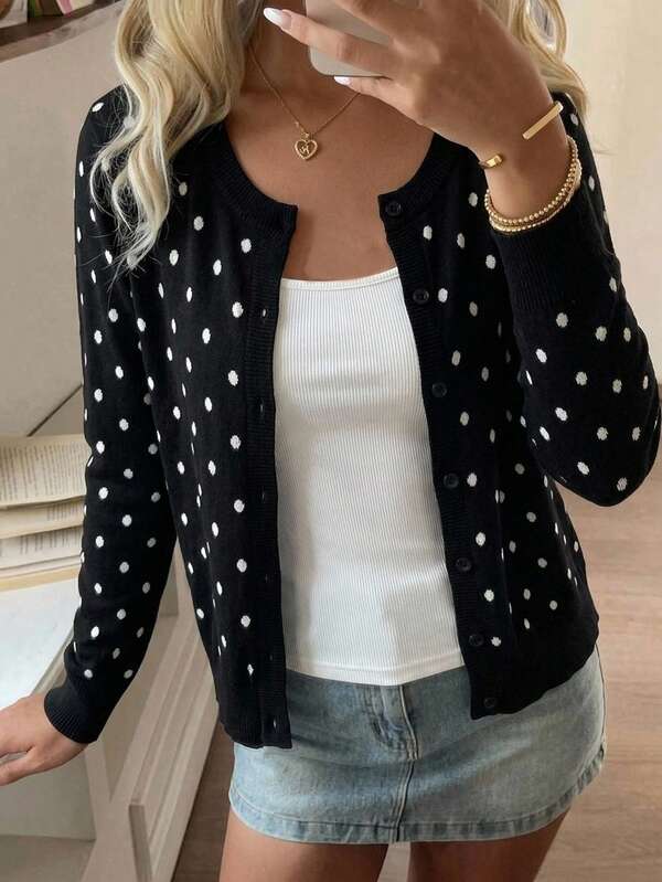 SHEIN Teen Girl Teen Girls Cardigans Black And White Polka Dot Knit Casual Round Neck Long Sleeve Slim Fit Cardigan Sweater, Warm And Comfortable, Fashionable, Daily Commute