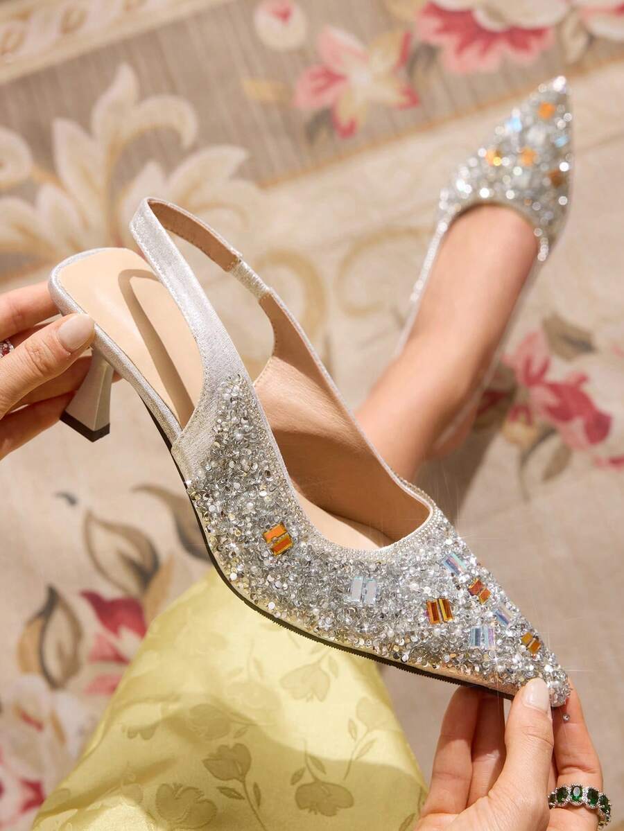 CUCCOO TILAWA Women's Rhinestone Pointed Toe Shiny Fashionable High Heels, Versatile For Daily Wear Valentine's Day - Silver 2 - View 1