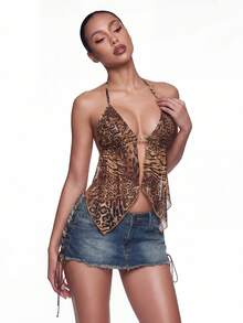 SHEIN ICON 复古豹纹露背吊带背心，下摆开衩 - 棕色 - 查看 11