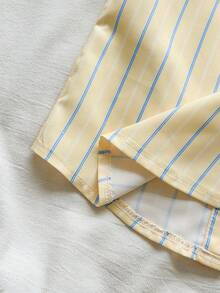 SHEIN Vintaside Kids 女童春夏黃色條紋領長袖襯衫，簡約俏皮，時尚百搭，適合日常穿著、外出或上學 - 黃色 - 查看 6