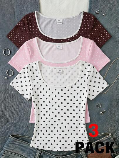 SHEIN Tween女孩3件組短袖T恤套裝，紅褐色、淺粉色、米色波點修身短版T恤，復古Y2K甜酷風，適合上學、日常穿著、戶外活動