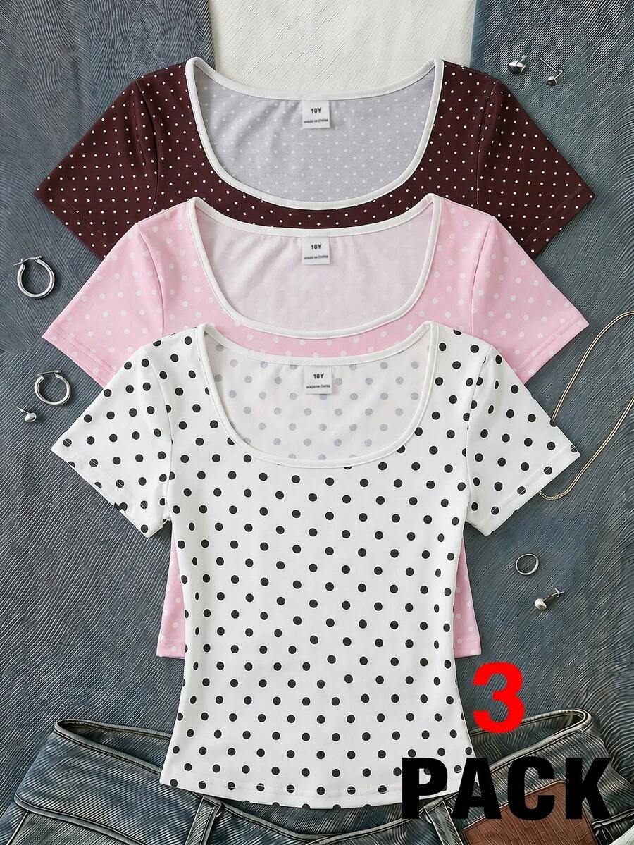 SHEIN Tween女孩3件組短袖T恤套裝,紅褐色、淺粉色、米色波點修身短版T恤,復古Y2K甜酷風,適合上學、日常穿著、戶外活動 - 彩色 - 查看 1
