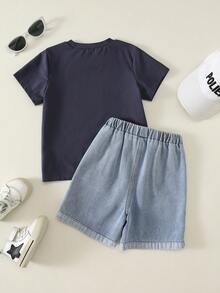 兒童小男孩/小女孩，小男孩 2 件組春夏休閒度假風短袖 POLO 衫與短褲套裝，小男孩夏季服飾，套裝，Squishy - 藏蓝色 - 查看 2