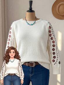 Rusticease Plus Size Women's Floral Sequin Raglan Long Sleeve Pullover Sweater Winter - Apricot - View 1