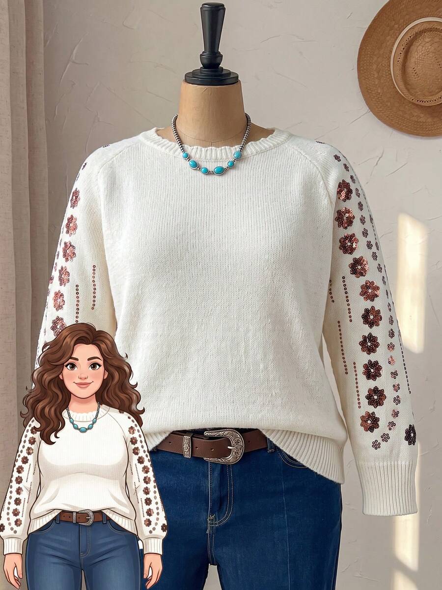 Rusticease Plus Size Women's Floral Sequin Raglan Long Sleeve Pullover Sweater Winter - Apricot - View 1