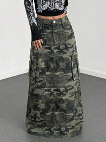 SHEIN Teen Girl Flap Pocket Design Camouflage Workwear Denim Skirt For Rave Festival - Army Green - View 1