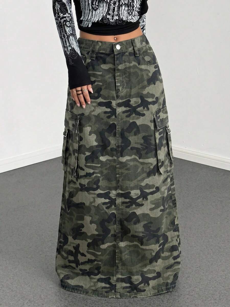 SHEIN Teen Girl Flap Pocket Design Camouflage Workwear Denim Skirt For Rave Festival - Army Green - View 1