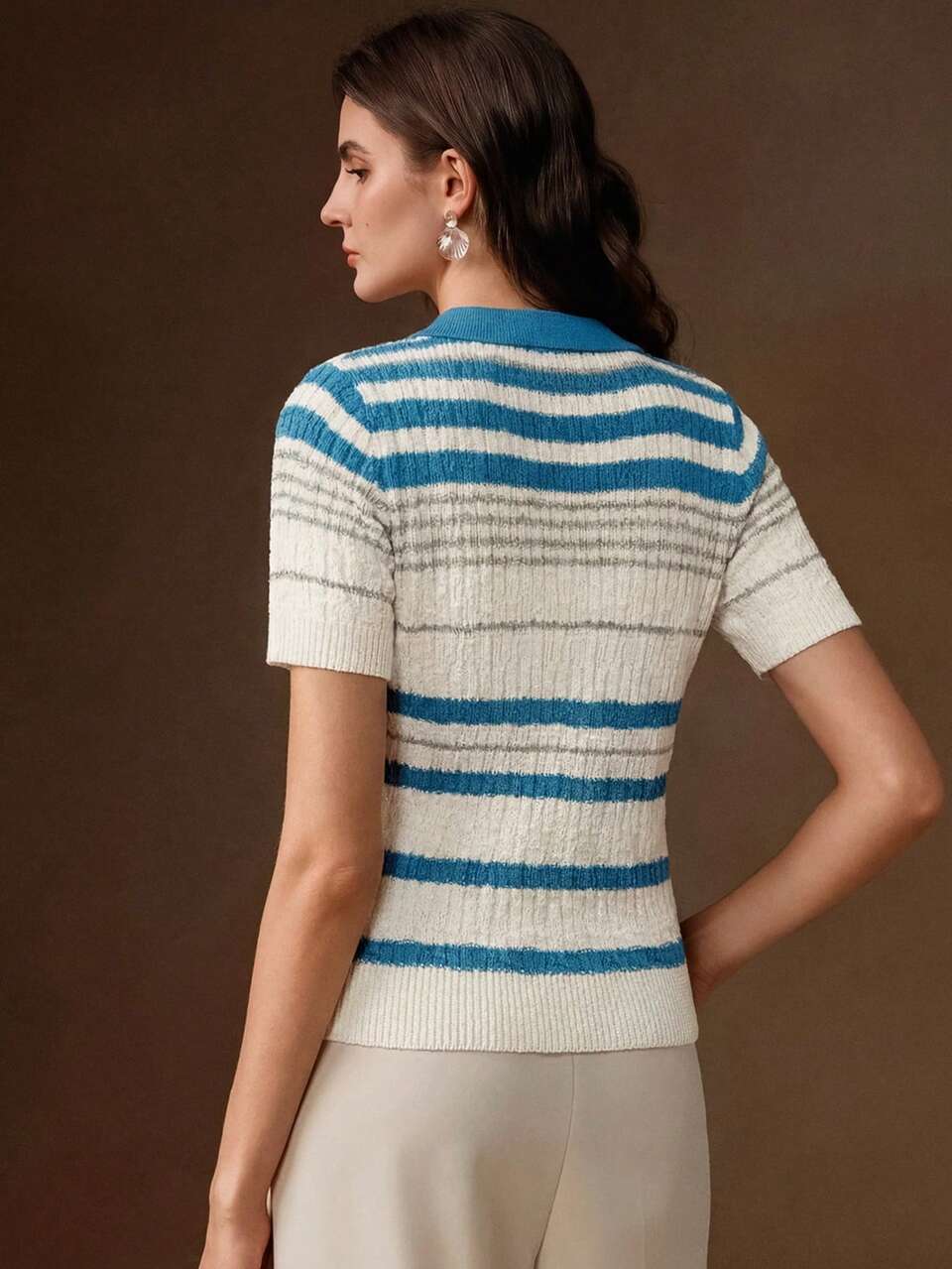 Anewsta Summer Women's Casual French Coastal Lazy Holiday Navy Style Blue White Striped Polo Short Sleeve Knit Top For Commuting Office Brunch Vacation