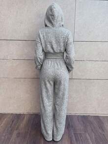 Hitanina 女款春季時尚粉色前拉鍊連帽衛衣與長褲兩件套 優雅 - 灰色 - 查看 2