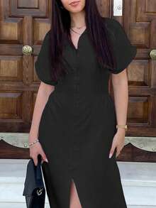 Hitanina 女款休閒襯衫洋裝，前襟鈕扣設計、插肩袖、收腰，黑色 - 黑色 - 查看 3