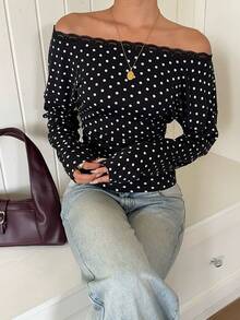 SHEIN EZwear 女款波點露肩休閒百搭日常穿搭上衣 - 黑色 - 查看 4