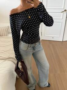 SHEIN EZwear 女款波點露肩休閒百搭日常穿搭上衣 - 黑色 - 查看 7