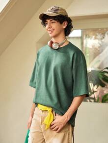 Men's Letter Print Casual Round Neck Short Sleeve T-Shirt, Suitable For Daily Wear, Spring/Summer - Green - View 5