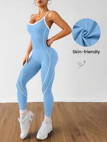 SHEIN Dewbera 女款拼色休閒日常旅行運動細肩帶連身褲 - 藍色 - 查看 6