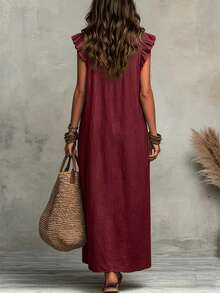 Hotletica Women's Solid Color Ruffle Hem Premium Texture Linen Casual Dress - Burgundy - View 2