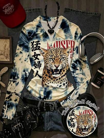 IslaSuriya Áo thun nữ cổ polo tay dài dáng rộng phong cách đường phố retro, họa tiết tie-dye da báo và in chữ, áo top tay dài thời trang thường ngày