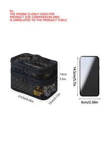 1 Leopard Print Black Mesh Double-Layer Cosmetic Bag, Portable, Double-Layer Large Capacity, Can Store Cosmetics And Makeup Tools, Suitable For Home And Out, Is The Ideal Choice For Women At Home. - Black - View 3