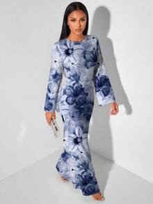 Veilorie 女款優雅長袖後背綁帶收腰魚尾裙擺洋裝 - 白色 - 查看 6