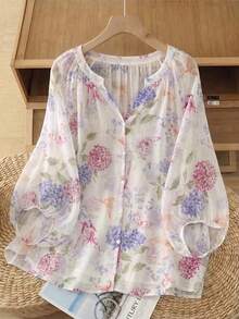 Linhara Vintage V-Neck Lantern Sleeve Loose Casual Plus Size Women Blouse - White - View 1