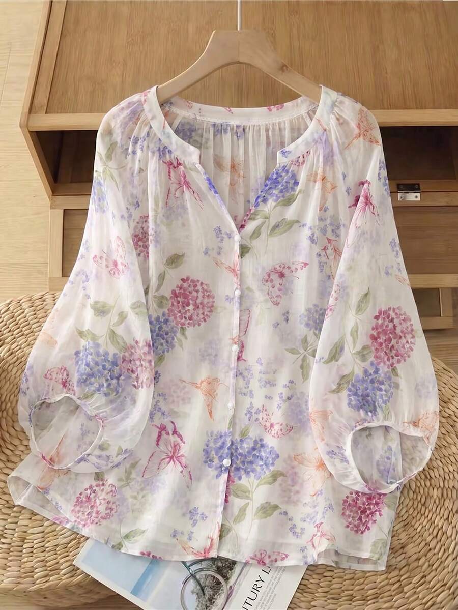 Linhara Vintage V-Neck Lantern Sleeve Loose Casual Plus Size Women Blouse - White - View 1