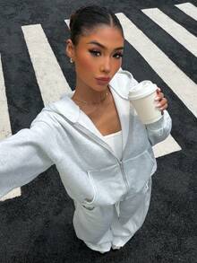 Muchica 2pcs Stylish Women's Two-Piece Set: Hooded Zip-Up Sweatshirt And Drawstring-Waist Joggers With A Curved Hem-Suitable For Casual Wear And Workouts. - Grey - View 6