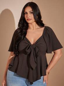 SHEIN BAE CURVE 大尺碼女款棕色荷葉袖不對稱下擺上衣 - 棕色 - 查看 4