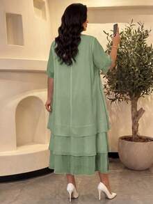 SHEIN Lady CURVE 大码休闲连衣裙，白色圆领，不对称飘逸下摆，波西米亚风格，适合春夏穿着 - 綠色 - 查看 2