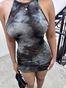 Alexandranx Vestido mini ajustado con cuello anudado, espalda descubierta y estampado tie-dye, vestido de verano para fiesta - Gris - Ver 3
