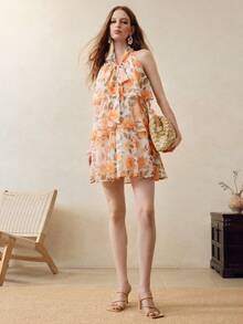 Zanirela Orange Rose Floral Print Halter Neck Tie Dress, Cold Shoulder Sleeveless Tiered Ruffle Hem, Slim Fit Flattering Sweet Vacation Style Mini Dress - Multicolor - View 4