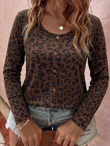 SHEIN LUNE Camiseta de manga larga para mujer de talla grande con estampado de leopardo, casual y versátil, nueva y de gran para otoño/invierno - Multicolor - Ver 3