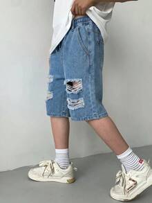 Tween Jungen Mode Casual Y2K Vintage Cool Straße Cut-Out zerrissene ausgefranste Basic einfach und bequeme Kordelzug Baumwolle elastischer Bund Jeans Shorts für den täglichen Gebrauch und Frühling bis Sommer Rave Festival und Streetwear - Blau - Übersicht 7