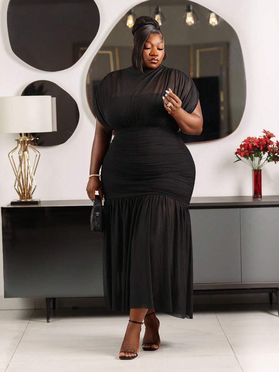 CurvyTilda 大码女士优雅精致浪漫迷人时尚情人节约会派对婚礼宾客假日薄纱网纱两合一超长连衣裙棕色 - 黑色 - 查看 1