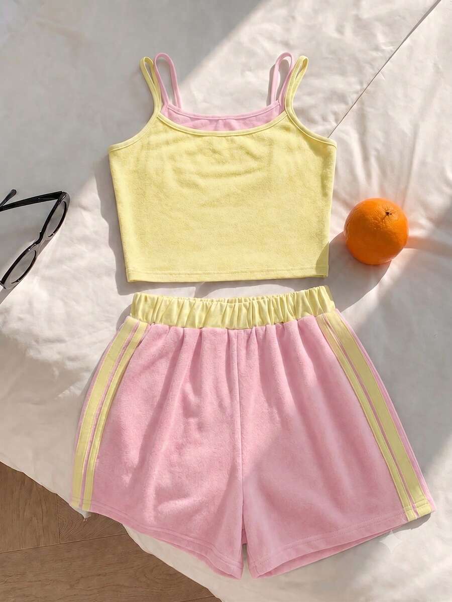 Tween Girls 2pcs/Set Casual All-Match Sports Versatile Colorblock Patchwork 2 In 1 Camisole Top And Shorts Knit Vest Mini Set, Summer, Comfortable - Multicolor - View 1