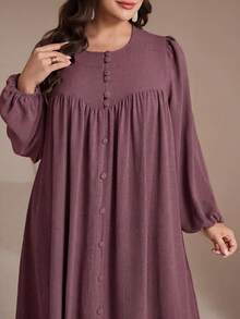 Veilorie Plus Size Women Solid Color Button Long Sleeve Pleated Arabian Dress - Dusty Pink - View 2