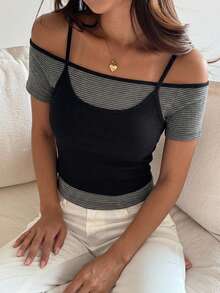 DAZY Women's Layered Style Sweet & Cool Halter Neck Short Sleeve T-Shirt, Design-Driven Hot Girl Slim Fit Versatile Top Cute Tops - Dark Grey - View 5