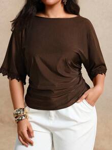Juhart Plus Size Women's Summer Drapey Cool Solid Color Knit Hollow Out Open Back Tie Bow Lace Patchwork Design Elegant Minimalist Commute Top T-Shirt Brown - Brown - View 6