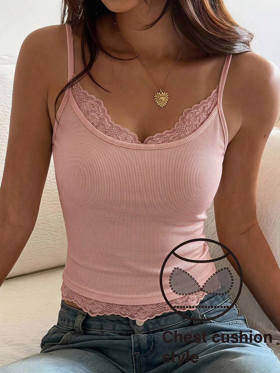 DAZY 女款蕾絲拼接加墊修身無袖短版背心上衣 - 粉色 - 查看 1