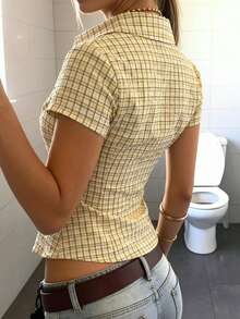 IslaSuriya 女士格子领单排扣休闲百搭日常通勤短袖衬衫 - 黃色 - 查看 2