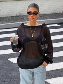 Muchica Women's Solid Color Asymmetric Shoulder Casual Versatile Everyday Sweatshirt - Black - View 3
