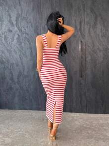 Vassilux Women's Summer Fashion Vacation Style Contrast Color Striped Pattern Twist Front Split Hem Fitted Mid-Length Dress,Women's Dresses Elegant - Red and White - View 2