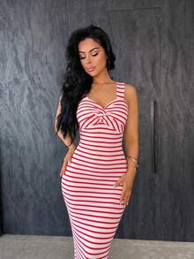Vassilux Women's Summer Fashion Vacation Style Contrast Color Striped Pattern Twist Front Split Hem Fitted Mid-Length Dress,Women's Dresses Elegant - Red and White - View 4