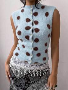 Muchica Women's Geometric Pattern Stand Collar Casual Cute Versatile Daily Wear Knit Top Y2k Brown And Blue Polka Dot Top Vacation Outfits Autumn Outfit - Baby Blue - View 7