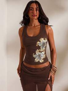 Opulessa Spring/Summer Vacation Solid Color Knit Fitted Women's Tank Top - Brown - View 6