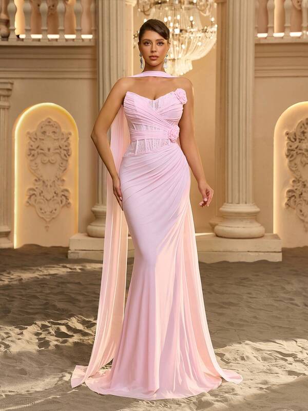 Glamrae Elegant High-Elastic Knit Mesh & French Lace Patchwork Sheer Fishbone Boning Front Slimming Pleated 3D Floral Mermaid Tail Train Formal Evening Gown For Women, Suitable For Date, Vacation, Bachelorette Party, Wedding, Business Dinner, Concert