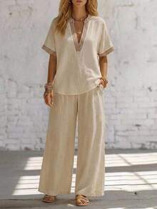 Faunlyn Women's Striped Notch V-Neck Short Sleeve Shirt And Pants Casual 2 Pieces Set - Khaki - View 10
